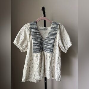 Madewell Cream and Black Textured peasent blouse